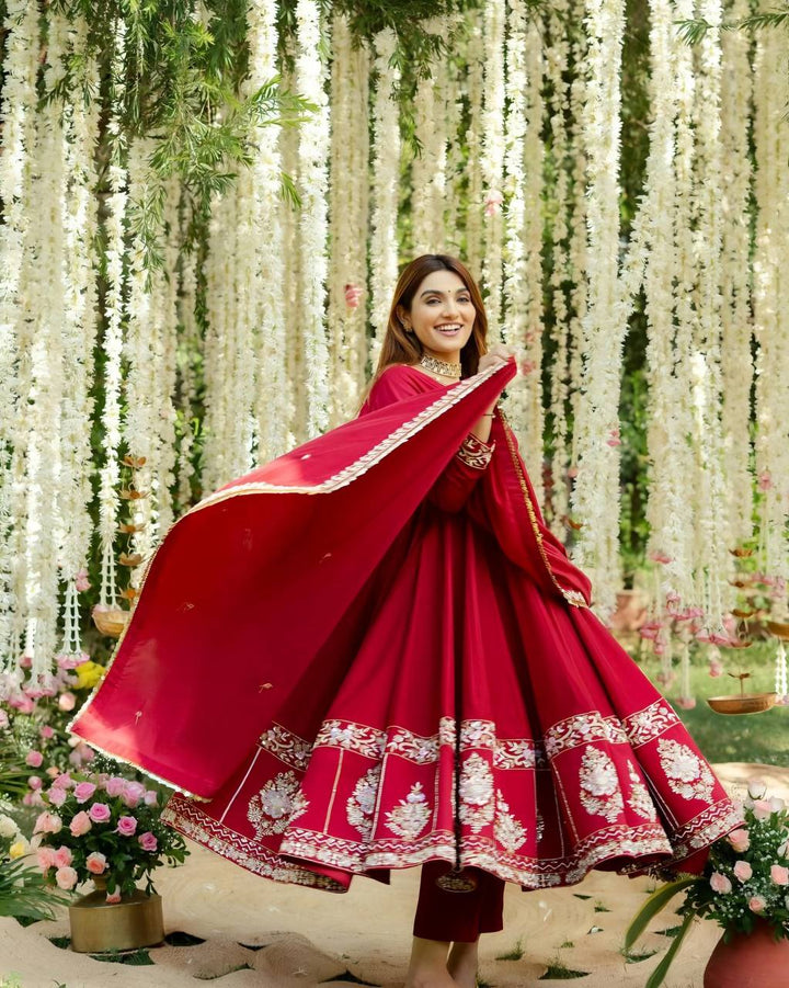Ruby Red Embroidered Anarkali Suit Set with Dupatta