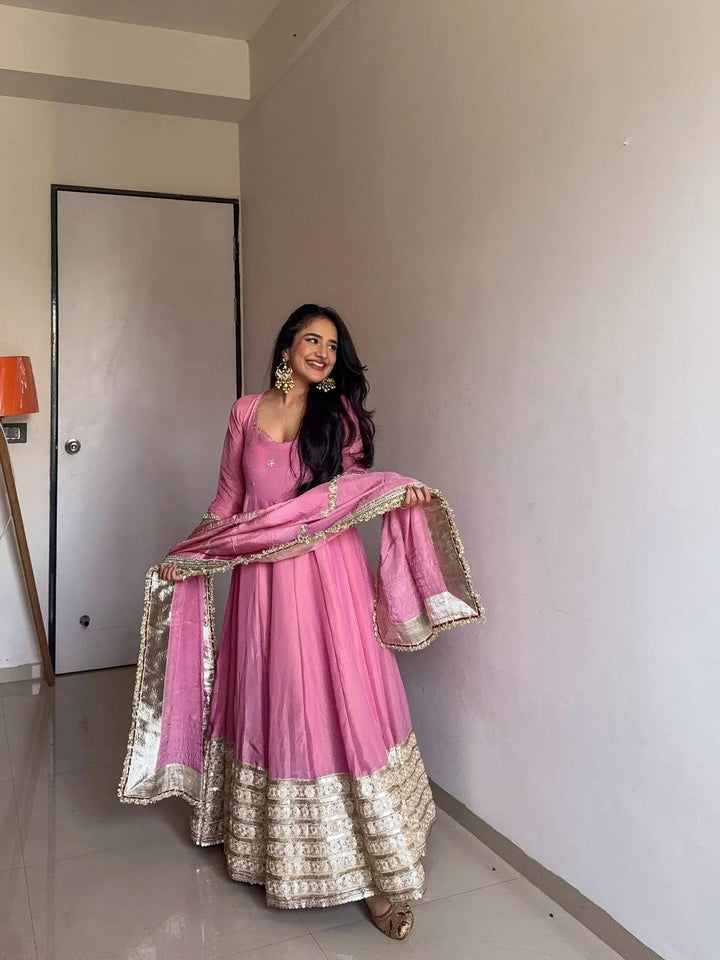 Blush Pink Anarkali Gown Set with Gota Patti Dupatta