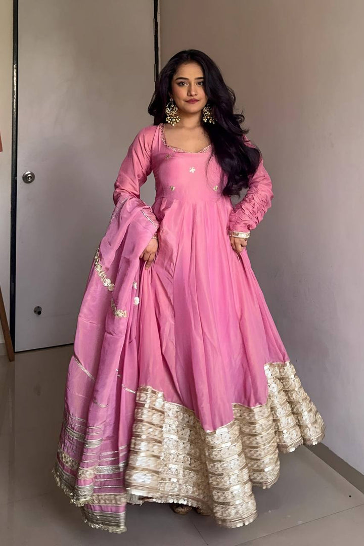 Blush Pink Anarkali Gown Set with Gota Patti Dupatta