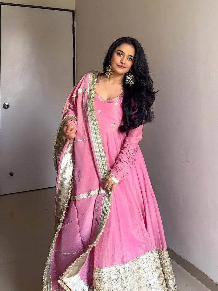 Blush Pink Anarkali Gown Set with Gota Patti Dupatta