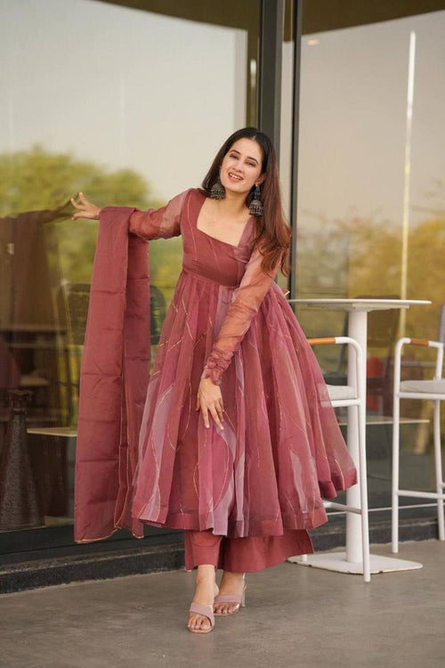 Dusty Rose Organza Anarkali Suit Set with Dupatta