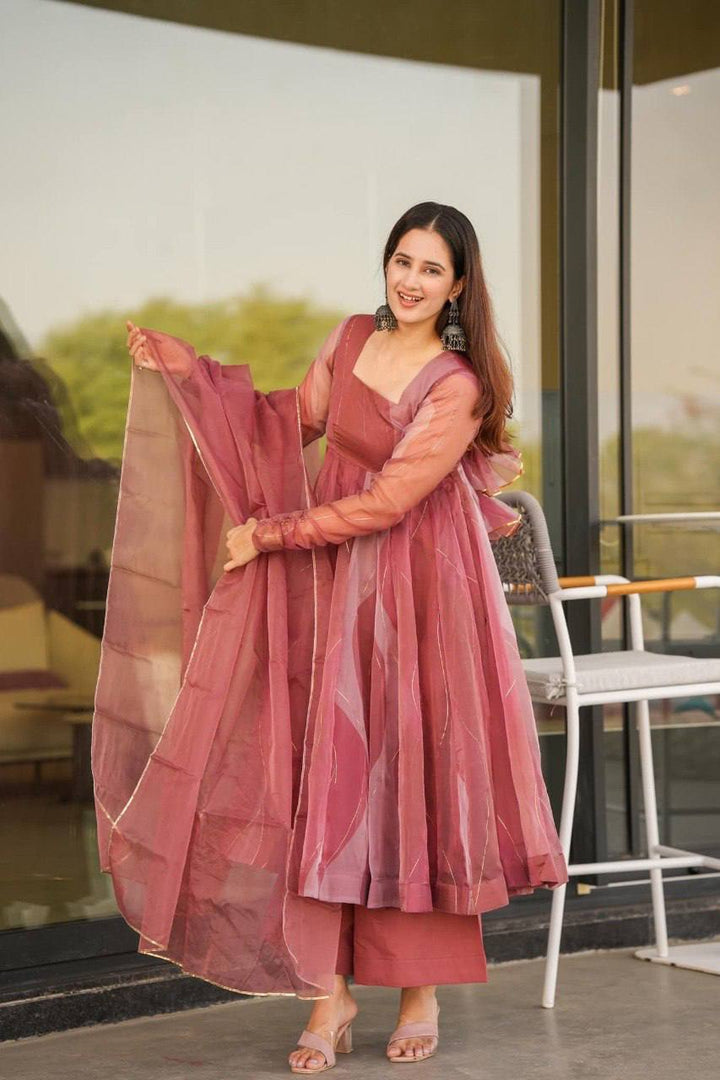 Dusty Rose Organza Anarkali Suit Set with Dupatta