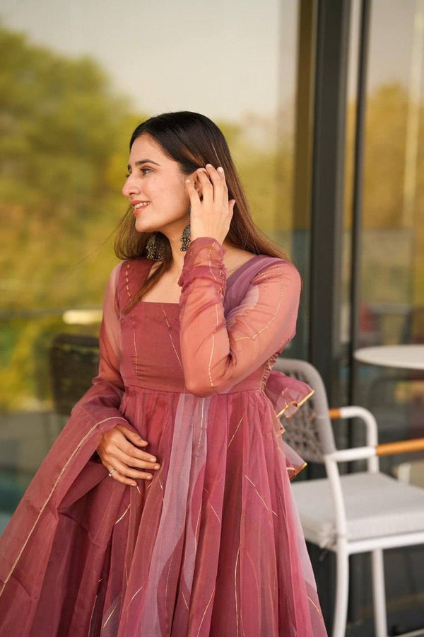 Dusty Rose Organza Anarkali Suit Set with Dupatta