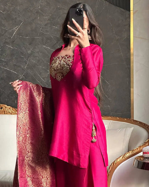 Fuchsia Pink Silk Palazzo Suit Set with Banarasi Dupatta