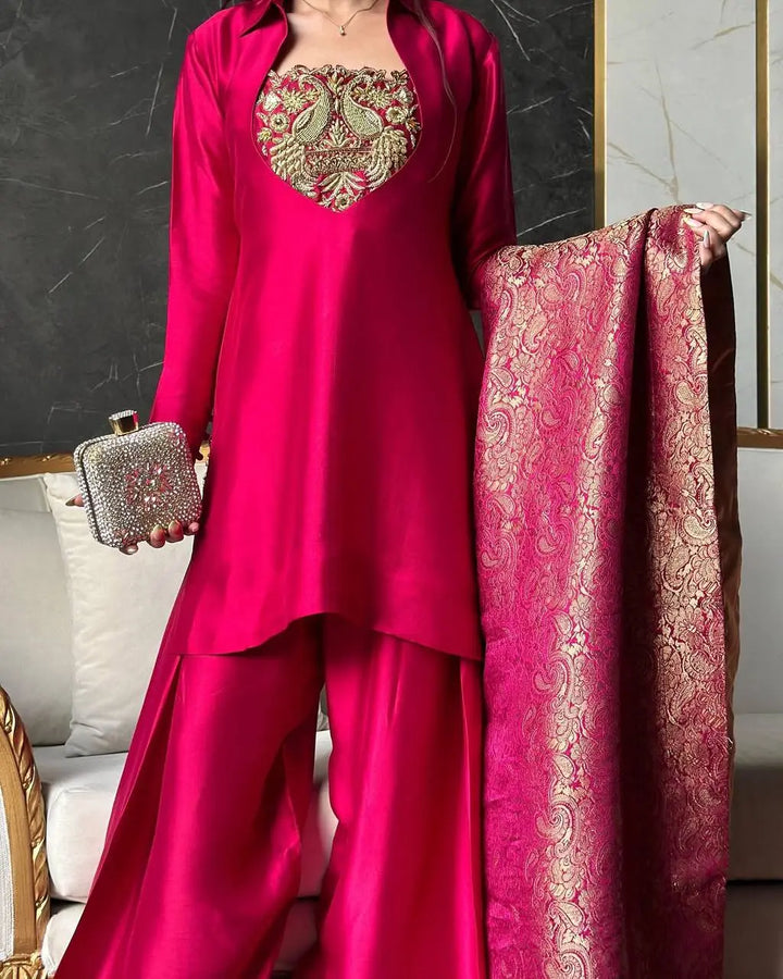 Fuchsia Pink Silk Palazzo Suit Set with Banarasi Dupatta