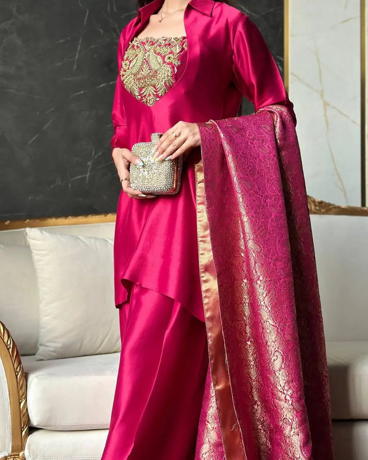 Fuchsia Pink Silk Palazzo Suit Set with Banarasi Dupatta
