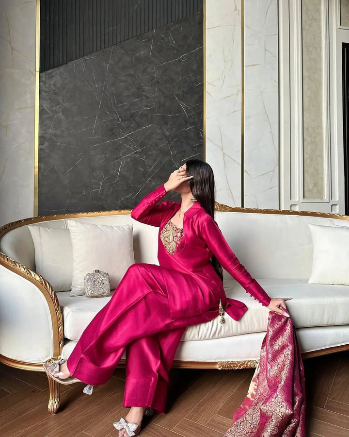 Fuchsia Pink Silk Palazzo Suit Set with Banarasi Dupatta