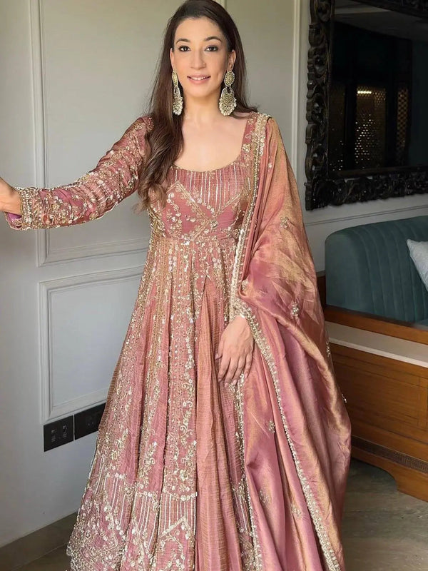 Rose Gold Embroidered Anarkali Gown Set with Silk Dupatta