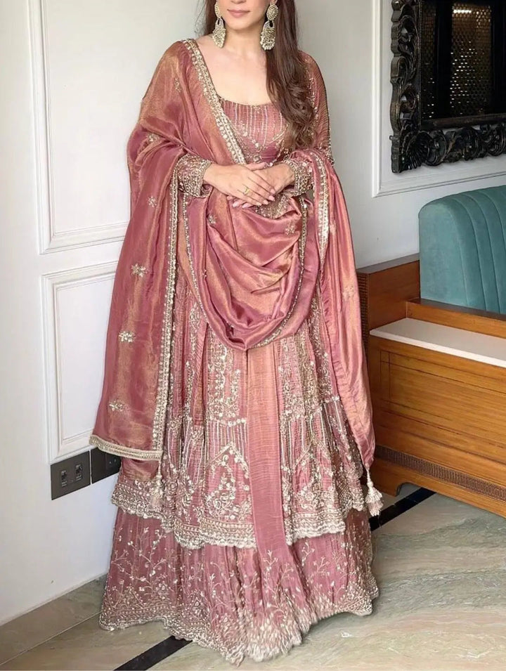 Rose Gold Embroidered Anarkali Gown Set with Silk Dupatta