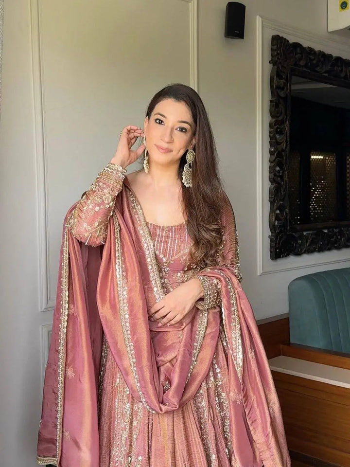 Rose Gold Embroidered Anarkali Gown Set with Silk Dupatta