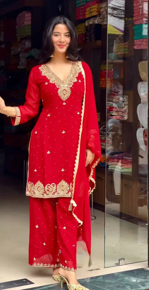 Crimson Red Embroidered Suit Set with Palazzo & Dupatta
