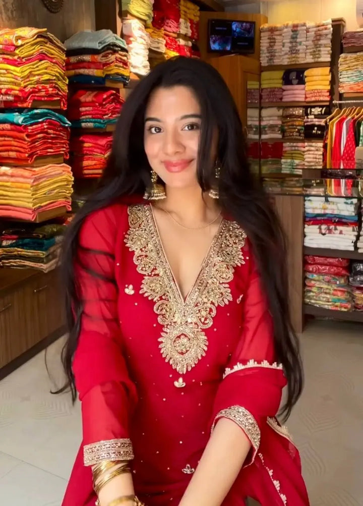Crimson Red Embroidered Suit Set with Palazzo & Dupatta