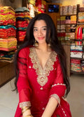 Crimson Red Embroidered Suit Set with Palazzo & Dupatta