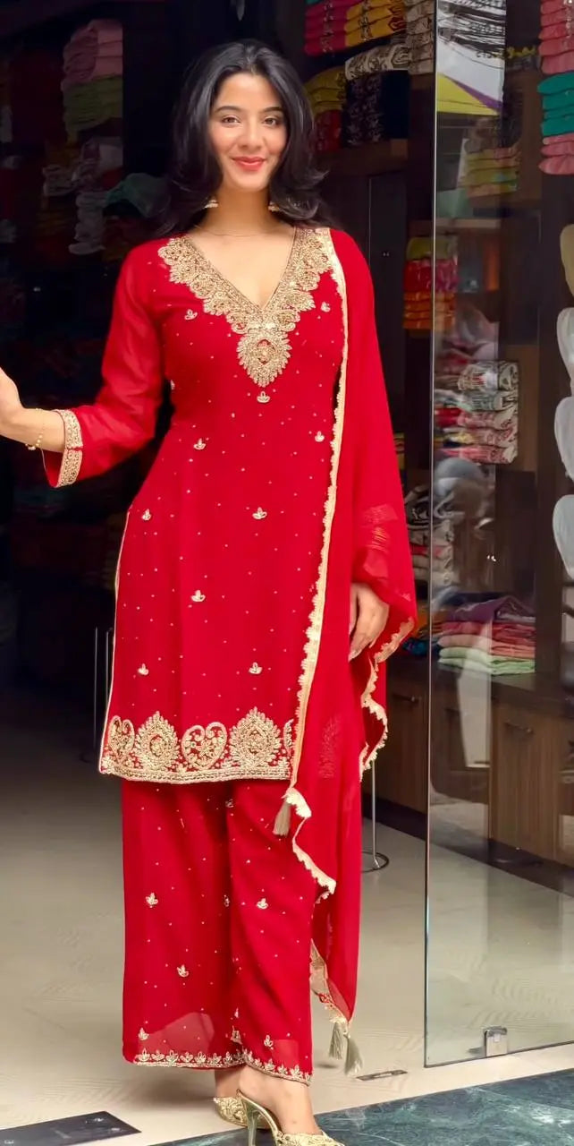 Crimson Red Embroidered Suit Set with Palazzo & Dupatta