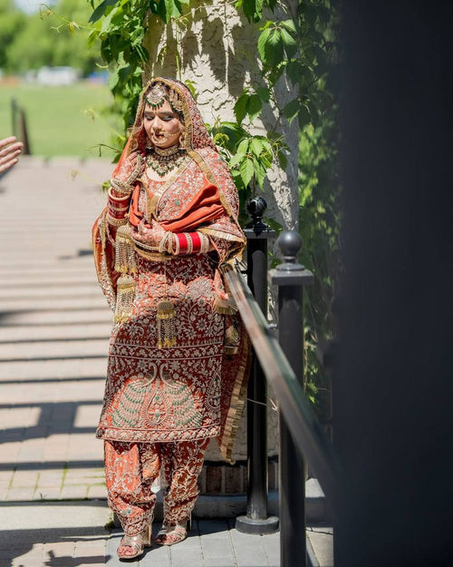Crimson Red Embroidered Pakistani Suit Set with Palazzo & Dupatta