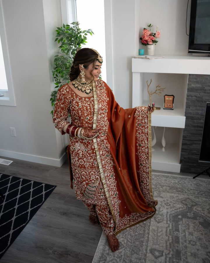 Crimson Red Embroidered Pakistani Suit Set with Palazzo & Dupatta