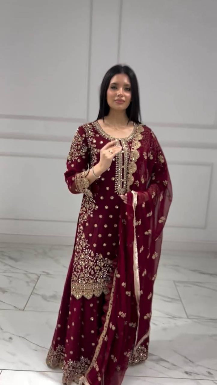 Maroon Heavy Embroidered Sharara Suit Set with Dupatta