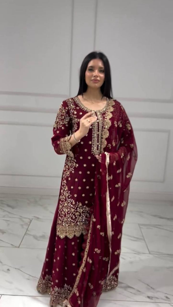 Maroon Heavy Embroidered Sharara Suit Set with Dupatta