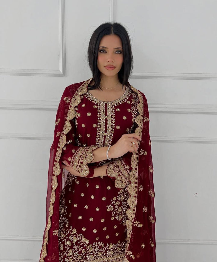 Maroon Heavy Embroidered Sharara Suit Set with Dupatta