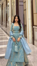 Powder Blue Embroidered Palazzo Suit Set with Organza Dupatta & Potli Bag