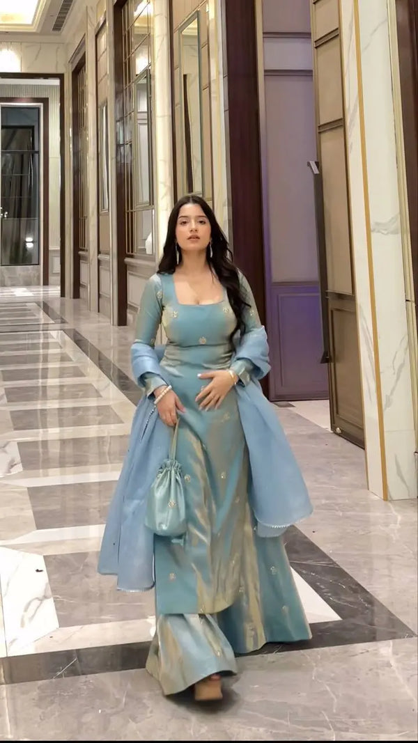 Powder Blue Embroidered Palazzo Suit Set with Organza Dupatta & Potli Bag