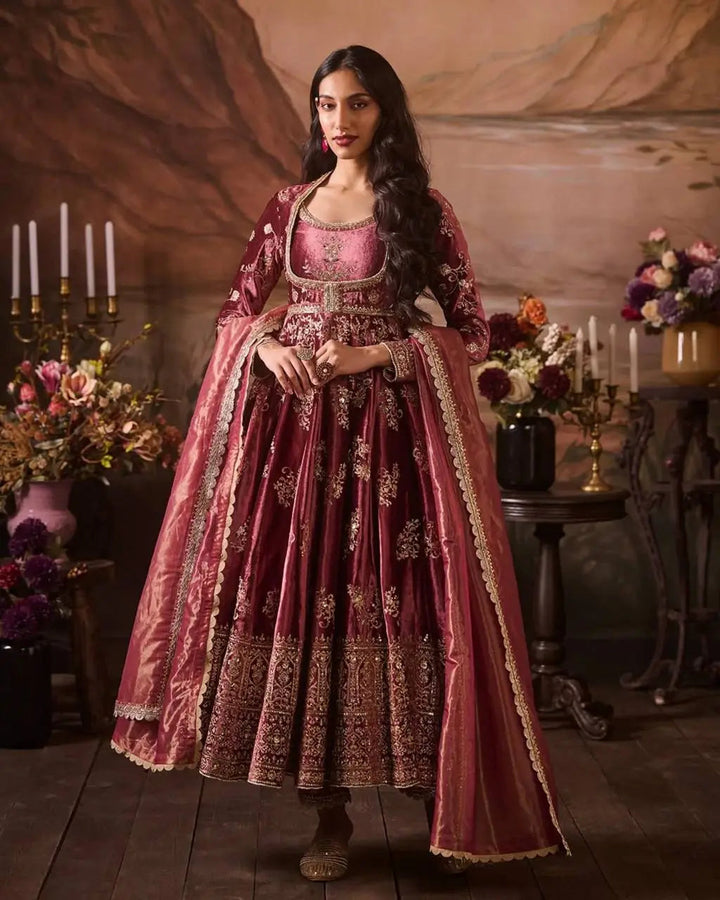 Royal Burgundy Embroidered Anarkali Gown Set with Silk Dupatta