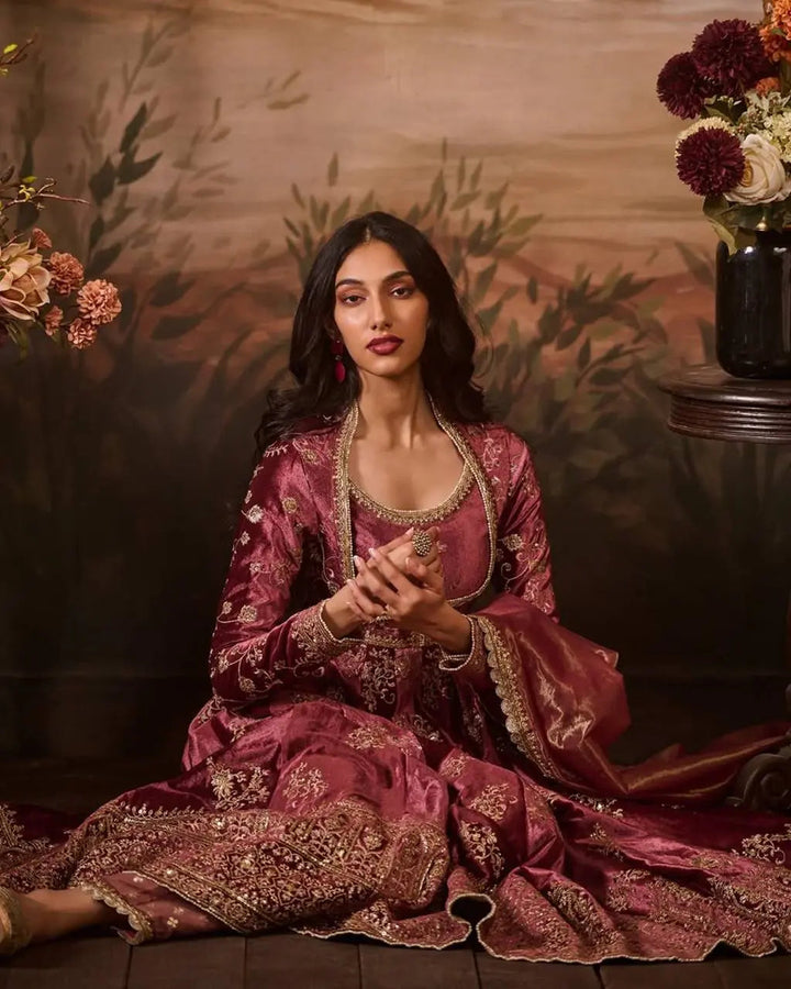 Royal Burgundy Embroidered Anarkali Gown Set with Silk Dupatta