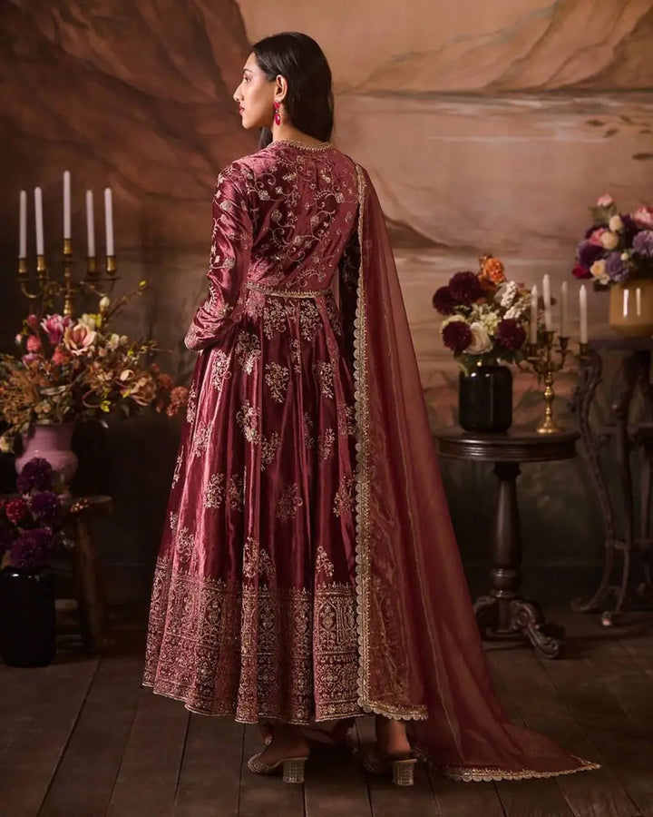 Royal Burgundy Embroidered Anarkali Gown Set with Silk Dupatta