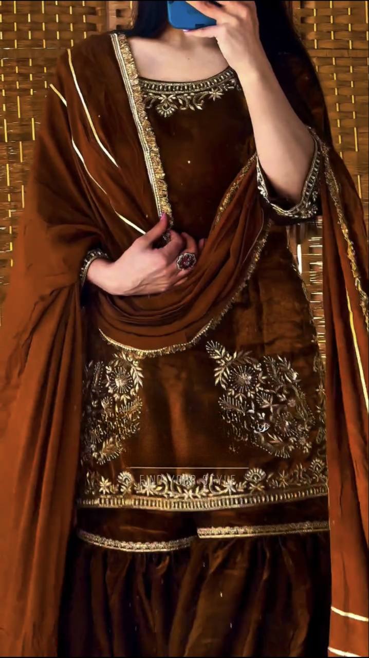 Chocolate Brown Heavy Embroidered Sharara Suit Set with Dupatta