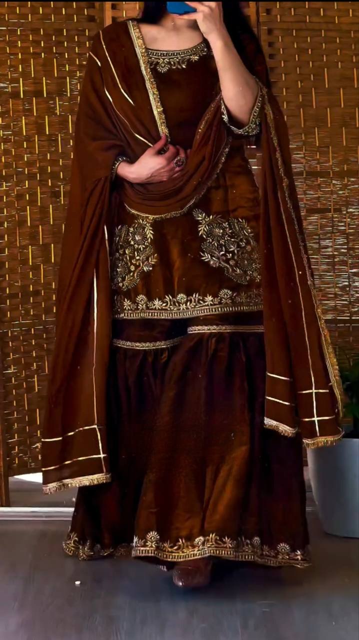 Chocolate Brown Heavy Embroidered Sharara Suit Set with Dupatta