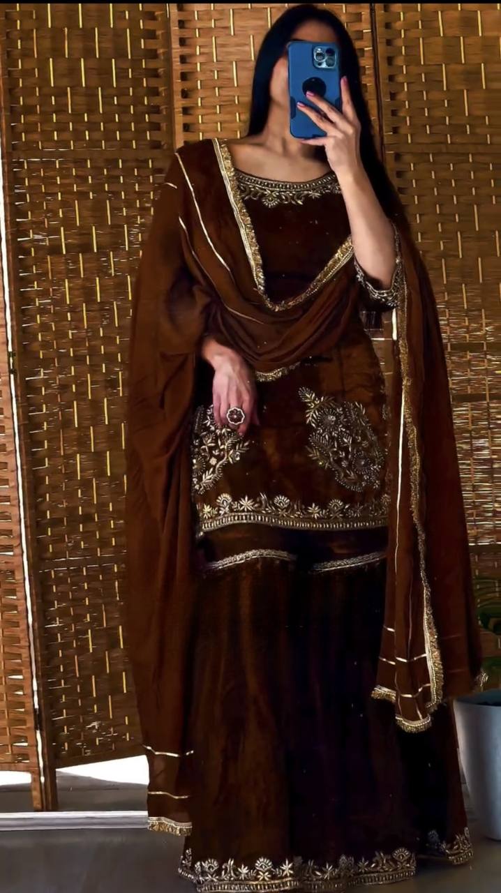 Chocolate Brown Heavy Embroidered Sharara Suit Set with Dupatta