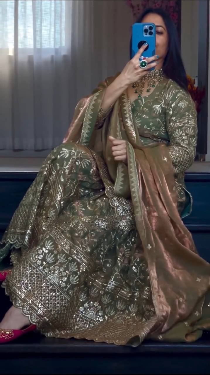 Olive Green Heavy Embroidered Sharara Suit Set with Silk Dupatta