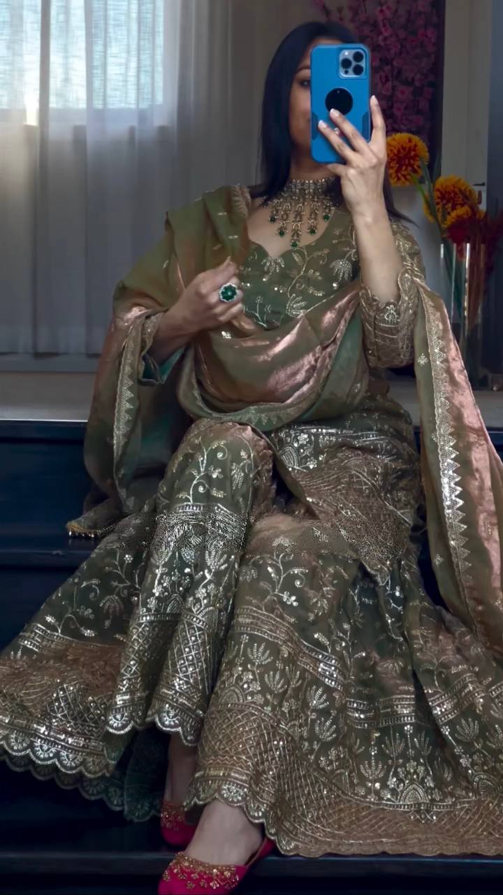 Olive Green Heavy Embroidered Sharara Suit Set with Silk Dupatta