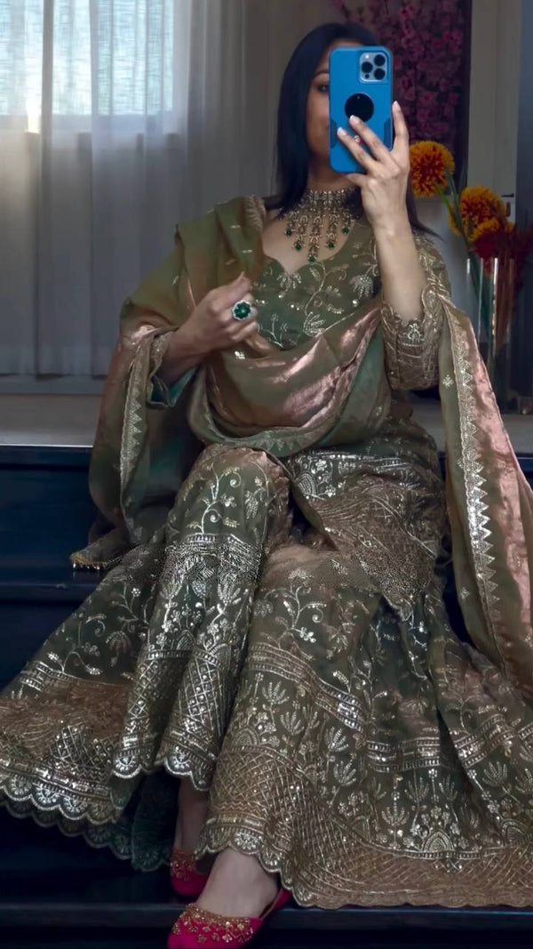 Olive Green Heavy Embroidered Sharara Suit Set with Silk Dupatta