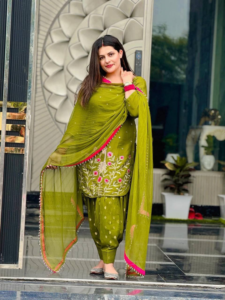Olive Green Floral Embroidered Patiala Suit Set with Dupatta