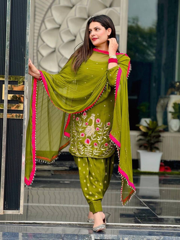 Olive Green Floral Embroidered Patiala Suit Set with Dupatta