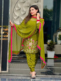 Olive Green Floral Embroidered Patiala Suit Set with Dupatta
