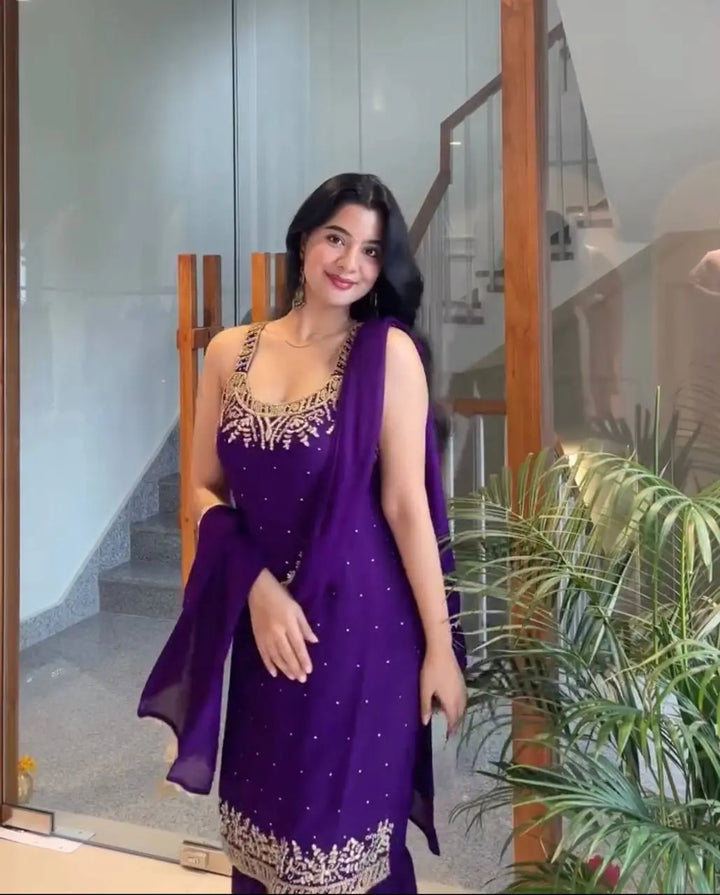 Royal Purple Embroidered Straight Suit Set with Dupatta