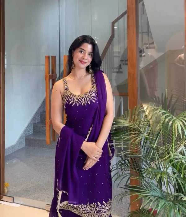 Royal Purple Embroidered Straight Suit Set with Dupatta