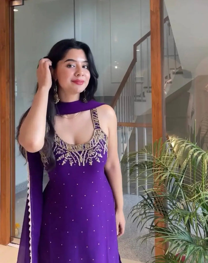 Royal Purple Embroidered Straight Suit Set with Dupatta