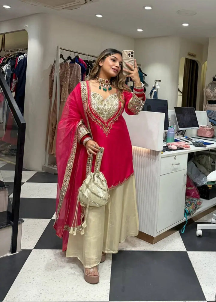 Rani Pink Embroidered Palazzo Suit Set with Organza Dupatta & Potli Bag