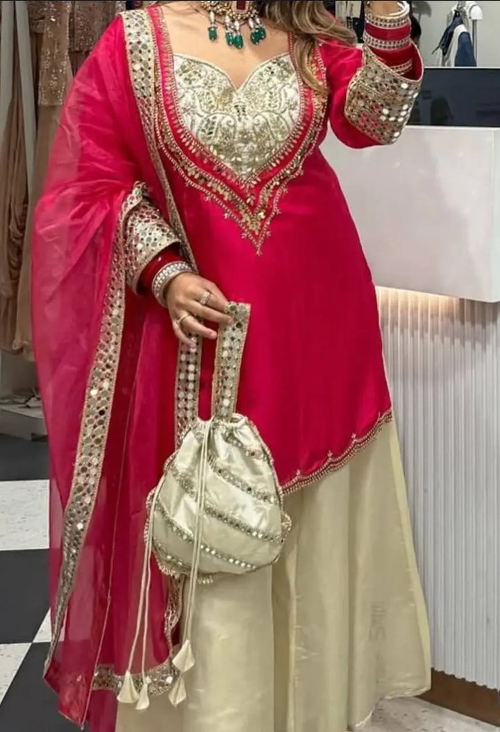 Rani Pink Embroidered Palazzo Suit Set with Organza Dupatta & Potli Bag