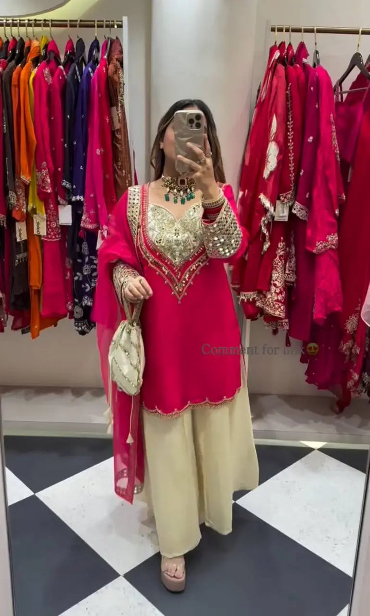 Rani Pink Embroidered Palazzo Suit Set with Organza Dupatta & Potli Bag