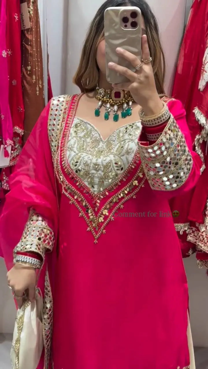 Rani Pink Embroidered Palazzo Suit Set with Organza Dupatta & Potli Bag