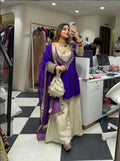 Royal Purple Embroidered Palazzo Suit Set with Organza Dupatta & Potli Bag