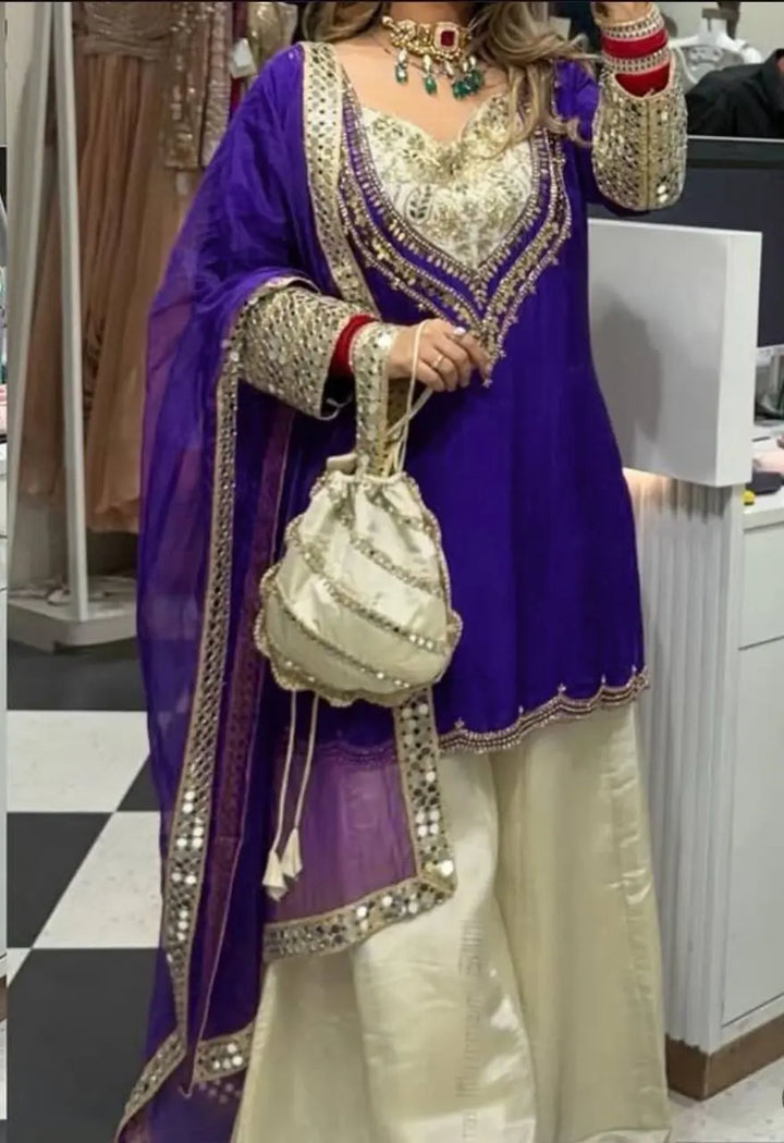 Royal Purple Embroidered Palazzo Suit Set with Organza Dupatta & Potli Bag