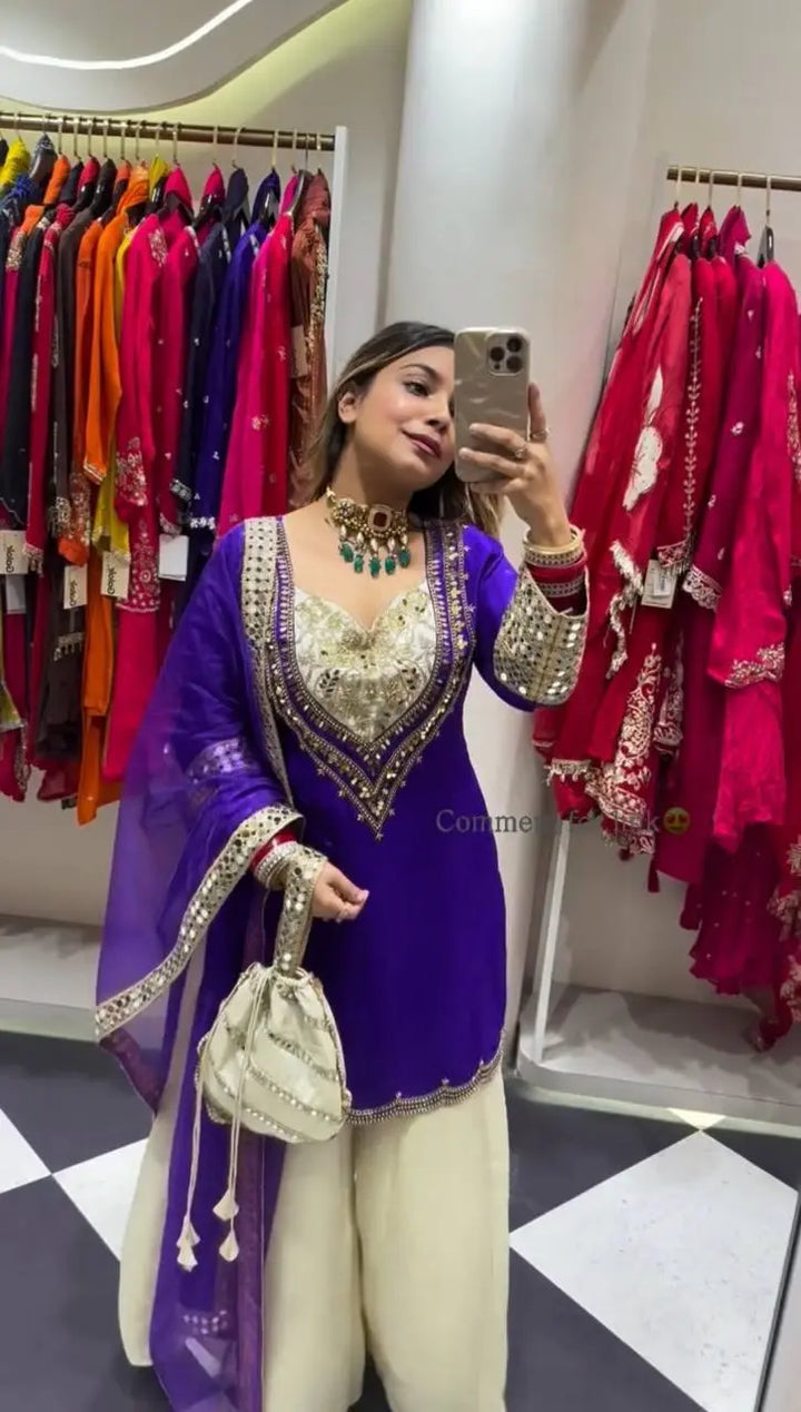 Royal Purple Embroidered Palazzo Suit Set with Organza Dupatta & Potli Bag