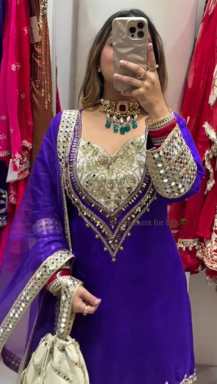 Royal Purple Embroidered Palazzo Suit Set with Organza Dupatta & Potli Bag