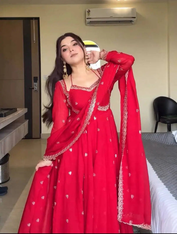 Ruby Red Embroidered Anarkali Gown for Women