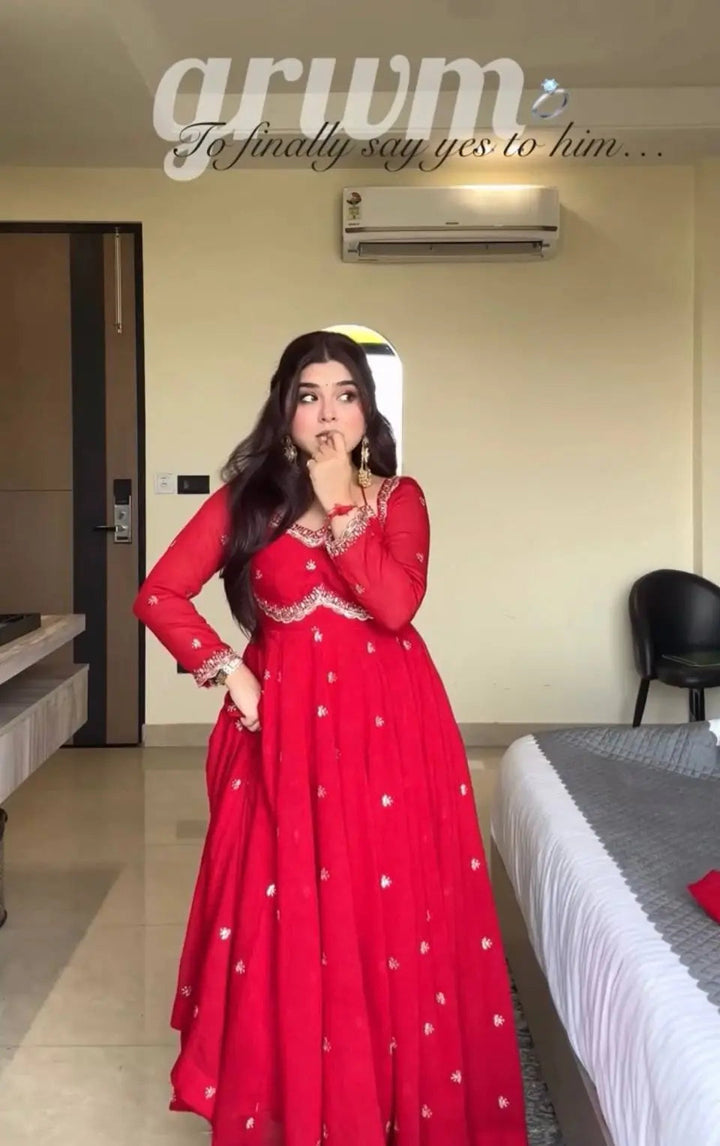 Ruby Red Embroidered Anarkali Gown for Women